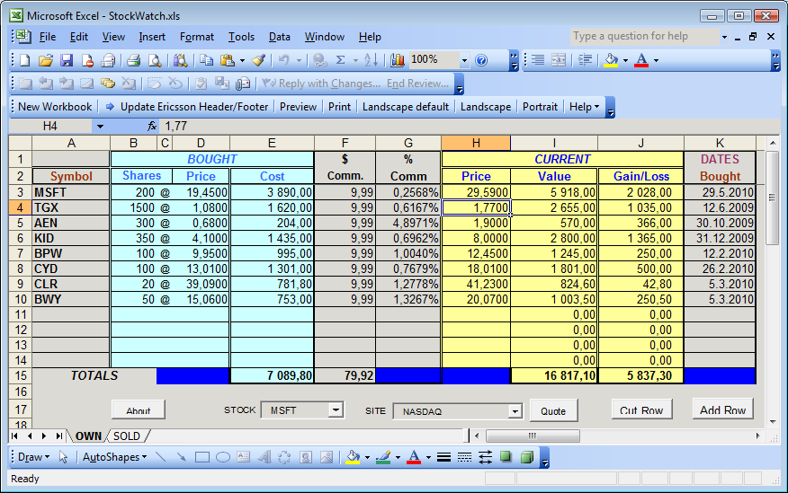 stock market watch excel templates